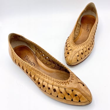 Vintage 1990s Brown Woven Leather Flats, 9 West Slip-Ons with Low Wedge Heel, Made in Brazil, Size 8 USA 