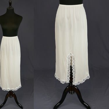 60s Maxi Skirt Slip - White Formal Half Skirt Slip - Lace Trim - Long Nylon - Greenco Maid - Vintage 1960s - M 