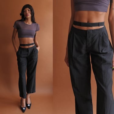 Vintage 90s GAULTIER Cut Out Waist Trousers/ 1990s Jean Paul Gaultier Femme Double Waist Band Pinstripe Pants/ Size Small 