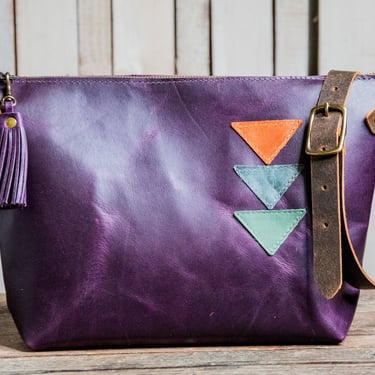 Limited Run Purple Rain Eco-Friendly Leather Bowler With Triangle Applique |  Leather Medium Bowler Bag 