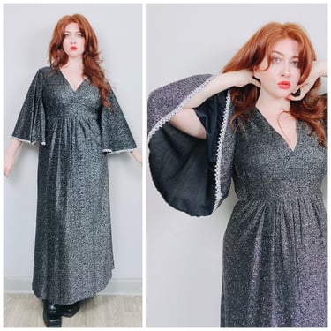 1970s Vintage Black and Silver Lurex Bell Sleeve Dress / 70s / Seventies Flared Disco Plunging Neck Spark Maxi Gown / Size XL 