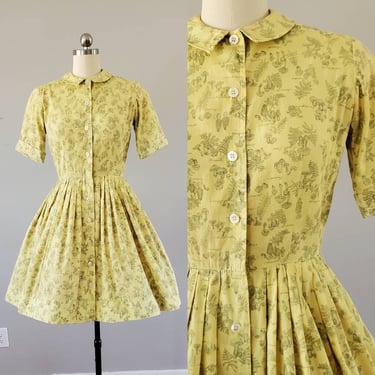 1950s Cotton Day Dress with Mushroom Print by Ladybug 50's Dresses 50s Women's Vintage Size Small 