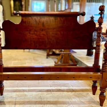 Ball & Vase Bed in Maple, Original Posts ~ Circa 1830, Resized to Queen Roll-top, Repeat-end Headboard