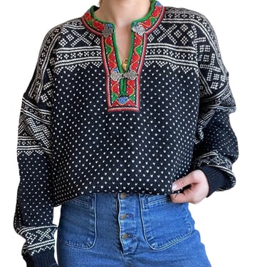 Vintage Mens Nordic Fair Isle 100% Wool Black Multicolor Birdseye Sweater L 