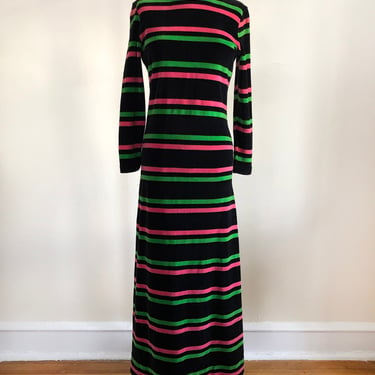 Black and Multi-Colored Stripe Velour Maxi Dress with Mock-Neck - 1970s 