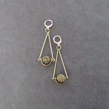 Gold pendulum earrings, lava rock 