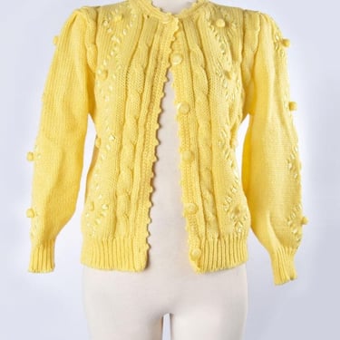 Yellow Cardigan Sweater, Vintage, Ribbon, 1970's, Wool ,1960's Mid Century Soft Pastel Yellow 