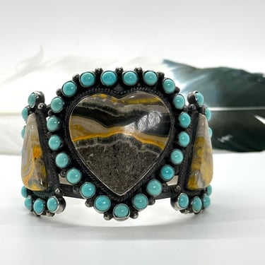ANTHONY SKEETS Navajo Turquoise Bumble Bee Jasper Silver Cuff, AS Heart Sterling Bracelet, Native American Silversmith Southwestern Jewelry 