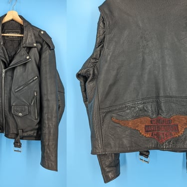 Vintage Unik Men's 48 XL Black Leather Motorcycle Moto Jacket with Harley Davidson Embroidery 