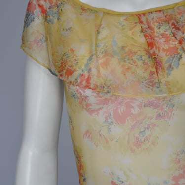 1920s yellow floral silk chiffon dress XS 