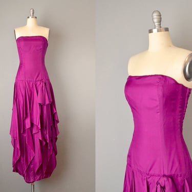 1980’s Strapless Magenta Parachute Silk Dress w/ Tiered Handkerchief Skirt / Size Small Medium 