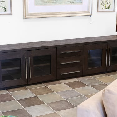 Restoration Hardware Machinto Glass 4-Door Cabinet with Drawers in Brown Oak