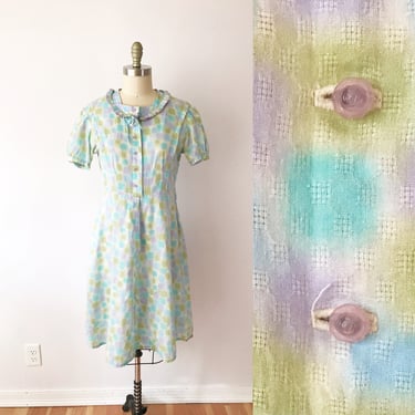 SIZE M 60s Vintage Pastel Splotch Day Dress - A Line Floral Button Spring Dress - Soft Woven Cotton Tie Dye Summer Dress 