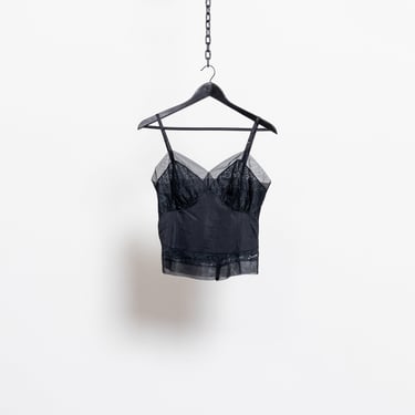 BLACK LACE CAMISOLE vintage spaghetti straps mesh Ruffles lingerie women / Medium 