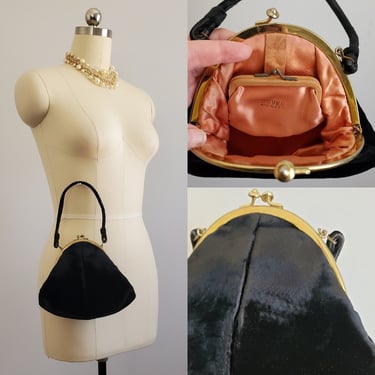 1940's Black Velvet Evening Bag - 40s Dover Handbag - 40s Pinup Accessories 