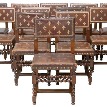 Antique Chairs, Dining, (12), Louis XIII Style, Leather & Oak, Gilt, E. 1900s