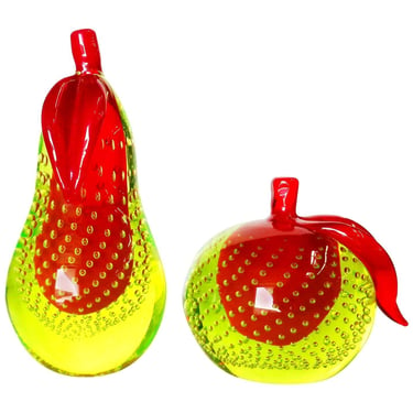 Alfredo Barbini Bullicante Aventurine Murano Glass Apple & Pear Scupture, Pair 