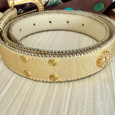 Gold Leather Belt, Coins, Medallions Embellished, Adjustable Fit, Vintage 80s 90s 