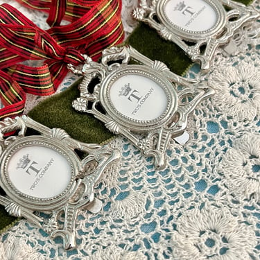 Miniature Frames, Christmas Ornaments, Holiday Decor, Ornate Metal, Set of 3, Taffeta Ribbons 