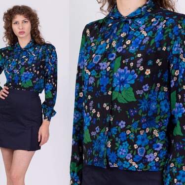 80s Silk Floral Secretary Blouse - Small | Vintage Carole Little Black & Blue Ascot Tie Long Sleeve Button Up Top 