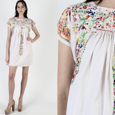 Vintage Bright Floral Embroidered Oaxacan Dress, Womens Mexican Pale Pink Festival Mini 
