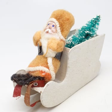 Antique 1940's Santa in German Sleigh with Sisal Christmas Tree, Hand Painted Clay Face Santa, Vintage Retro Decor 