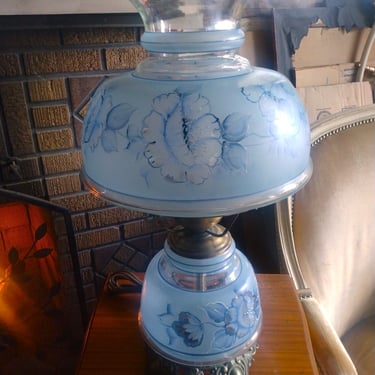 VINTAGE Lamp, Hand Painted Floral Hurricane Glass, GWT Style, Farmhouse Decor 