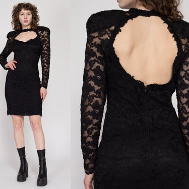 Medium 80s Black Lace Choker Party Dress | Vintage Keyhole Back Sexy Fitted Mini Cocktail Dress 