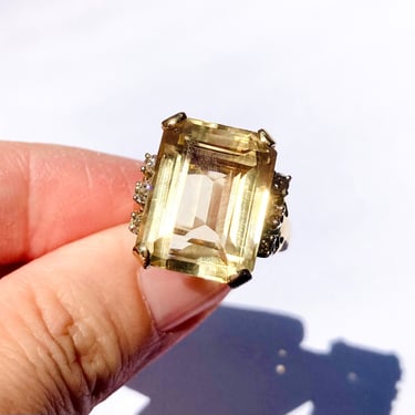 Large Retro Vintage 14K Yellow Gold Citrine & Diamond Cocktail Ring, Sz 8 9.4g 