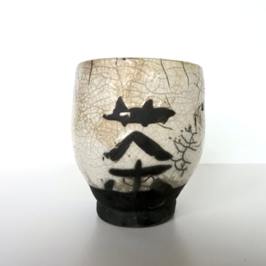 Vintage Japanese Yunomi Studio Ceramic Cup, Hand Crafted Black And White Raku Glazed Tea Cup 