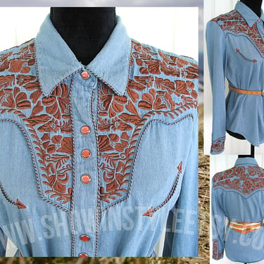 Scully Vintage Retro Western Women's Cowgirl Shirt, Rodeo Blouse, Medium Blue, Bronze Embroidered Flowers, Tag Size Medium (see meas. photo) 