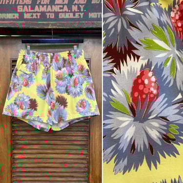 Vintage 1950’s Original “Duke Kahanamoku” Atomic Floral Rayon Hawaiian Swim Trunks, Vintage Hawaiian Shirt, 1940’s Shirt 