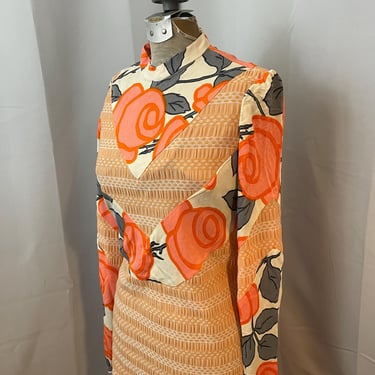 Orange Mod Dress Big Floral Pieced Mini Mixed Print 1960s Vintage S M 