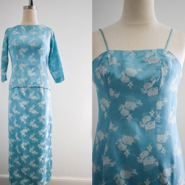 1960s Blue Floral Brocade Two Piece Dress Set 
