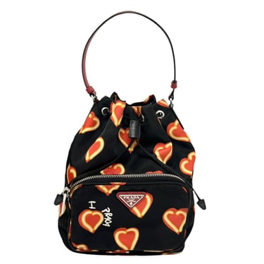 Prada Black + Red Heart Nylon Bucket Bag