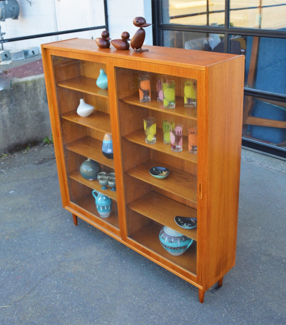 Large Quality Teak Glass w/ Angled Shelf Fronts by Mid