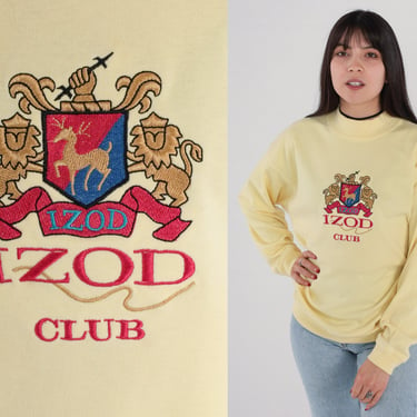 Izod Club Shirt 90s Slouchy Light Yellow Shirt Preppy Coat of Arms Shirt 1990s Long Sleeve Shirt Embroidered Banded Hem Extra Large xl 