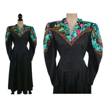 80s Prairie Maxi Dress Large Long Black with Floral Yoke Puff Sleeve Basque Waist Tie Back Shoulder Pads Pockets 1980s Clothes Women Vintage 