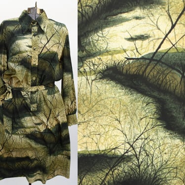 Vintage 70's Lightweight Shirt Dress - Nature Marsh Scene in Greens - M/L 