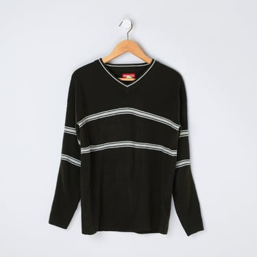 Vintage Y2k Dark Olive Striped Sweater - 2000s clothing, skater, v-neck, acrylic knit - Men's S 