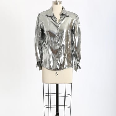 Liquid silver blouse | Vintage 80s Lloyd Williams Metallic silver blouse 