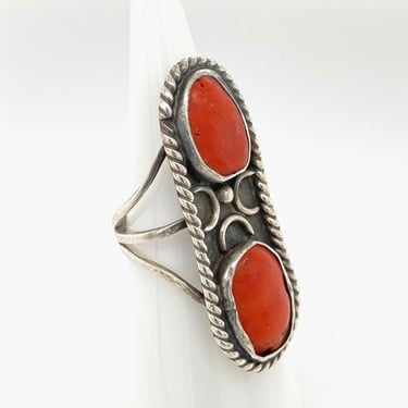 Vintage Artisan Navajo Oblong 2 Stone Red Coral Old Pawn Silver Ring Sz 6.75 