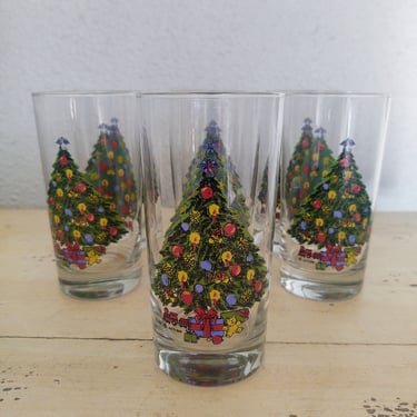 1980's Vintage Jamestown Christmas Tree 12 oz Tumbler Glasses (7) 