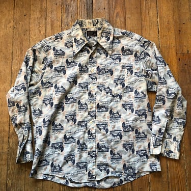 70s Cabin Theme Print Shirt Large 