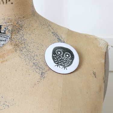 vintage midcentury owl brooch • large black & white round enamel pin handmade artisan jewelry 