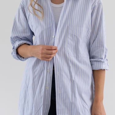 Vintage Blue White Stripe Button up Shirt | Unisex 100 Cotton Made in Canada Work Studio Tunic | L | 