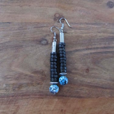 Wooden and jasper earrings, black/blue 