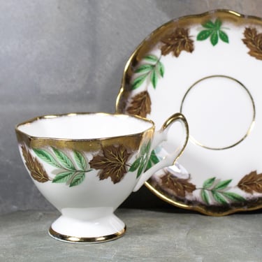 Salisbury Tea Cup & Saucer | English Bone China Tea Cup | Autumn Leaves and Gold Accents | Bixley Shop 