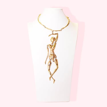 Modernist GSM Brass Pendant Necklace, Huge Articulated Dancing Lady Figure Pendant, Mixed Metal, Adjustable 