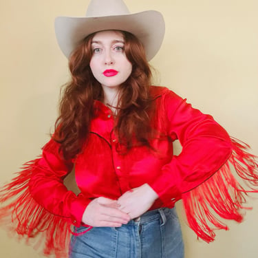 1980s Vintage Karman Western Red Silky Shirt / 80s / Eighties / Fringed Disco Cowgirl Rodeo Blouse / Medium 